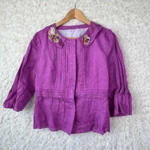 Purple Fuscia 100% Linen Jacket Small Floral Collar Pleated Cottagecore Boho